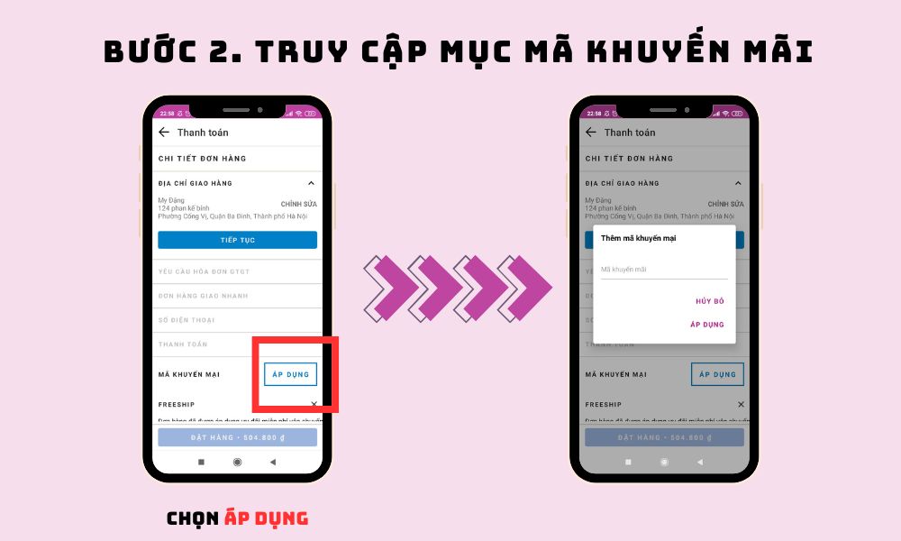 Hướng dẫn truy cập mục mã khuyến mãi tại giao diện thanh toán của ứng dụng AEONESHOP