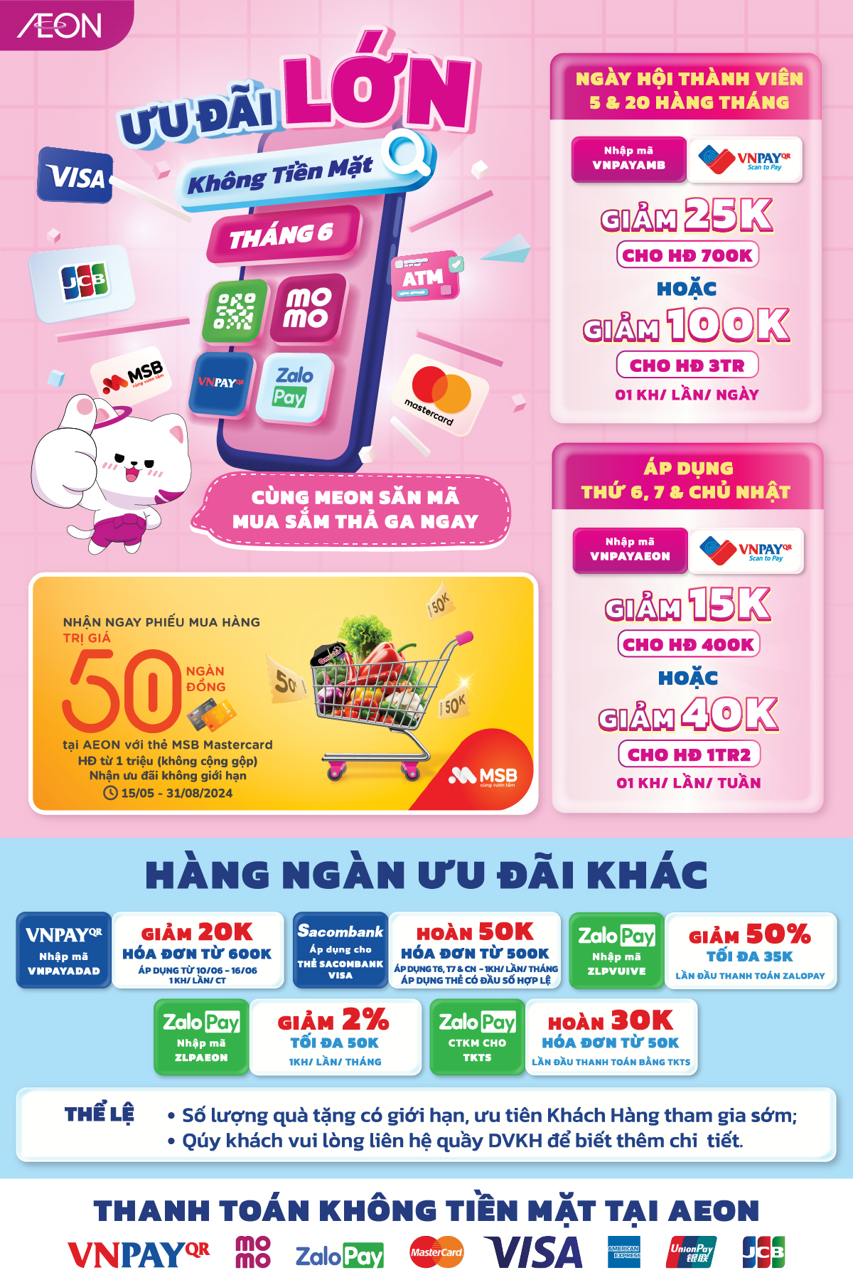 Các mã giảm giá thanh toán không tiền mặt tại AEON áp dụng trong tháng 6/2024